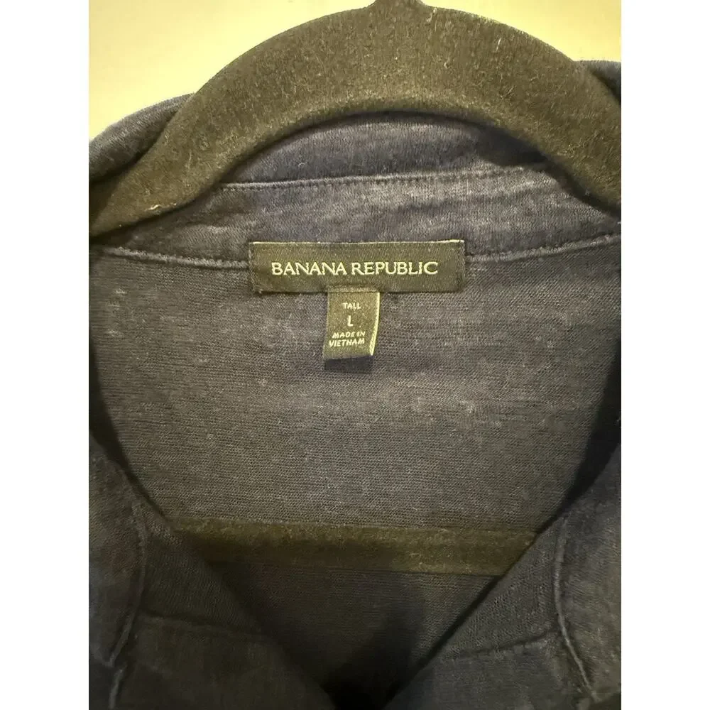 Banana Republic Polo Shirt Mens Sz L Tall Navy Linen Lightweight Soft Summer